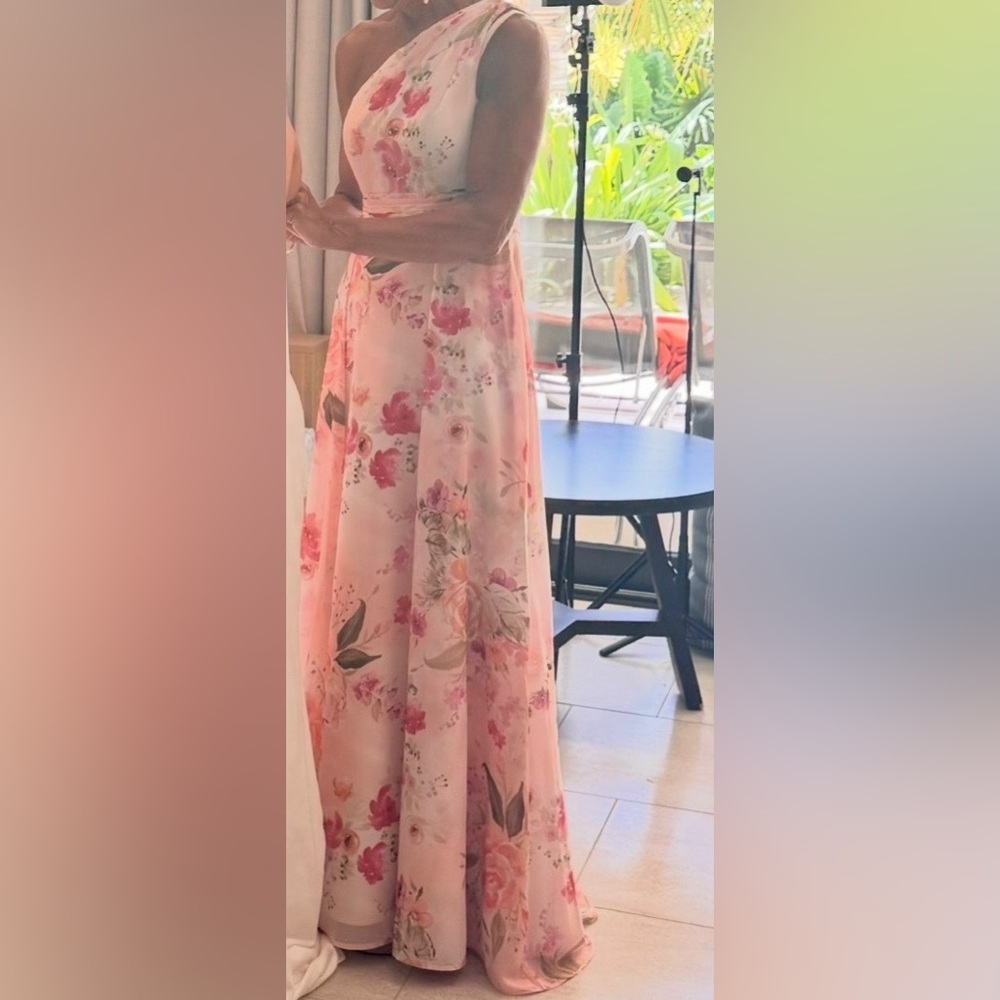 Azazie One-Shoulder Floral Dress in Pink and Cream - Picture 5 of 6